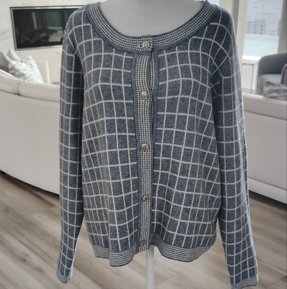 Cyrus Blue and Cream Grid Cardigan - Picture 4 of 9